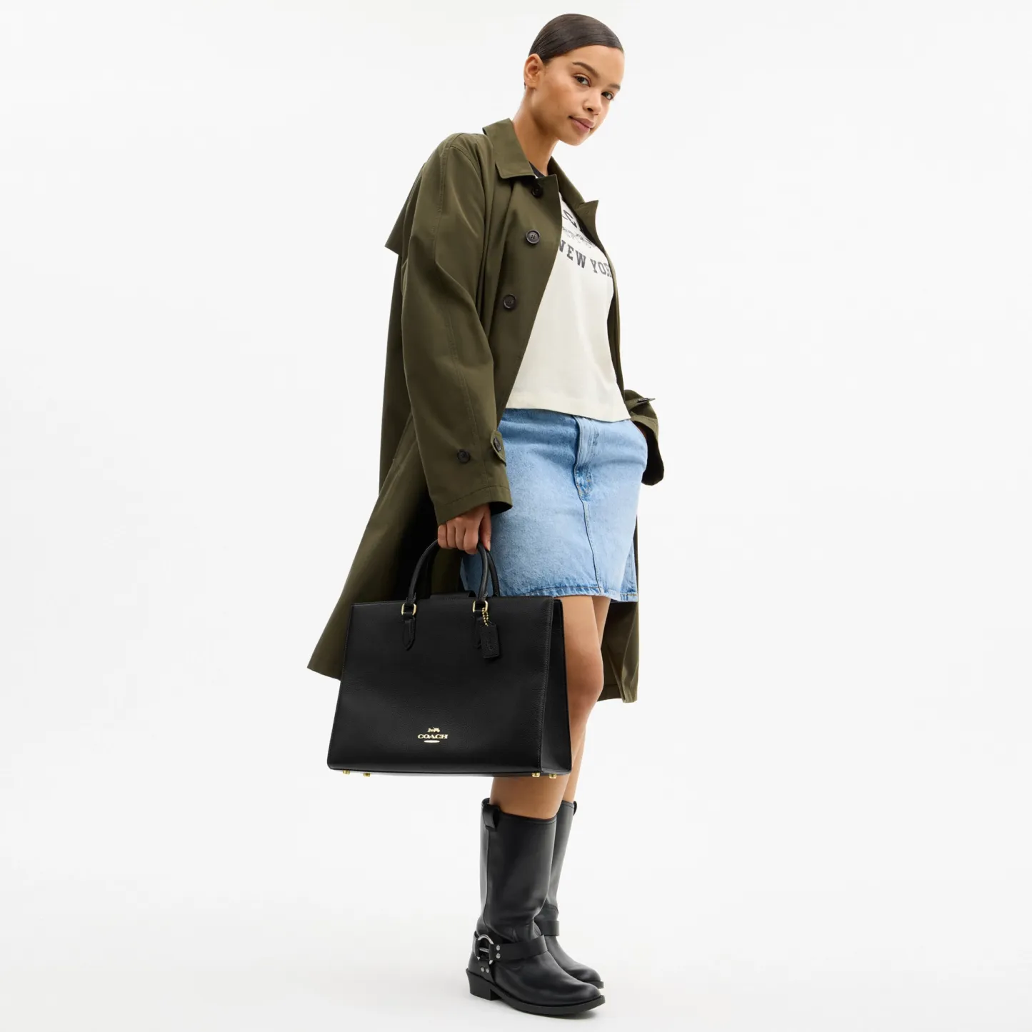 COACH®,Maggie Tote Bag,Leather,Tote,Logo,Embossed,Metal,Work,Black,Detail View
