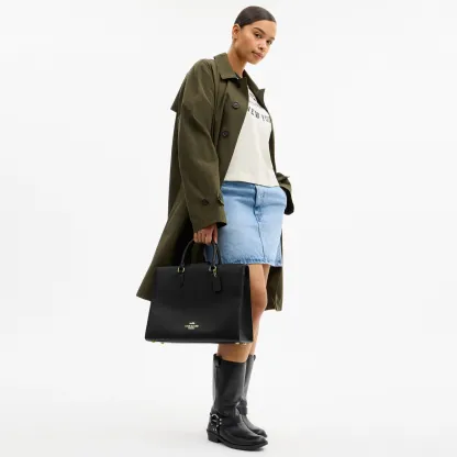 COACH®,Maggie Tote Bag,Leather,Tote,Logo,Embossed,Metal,Work,Black,Detail View