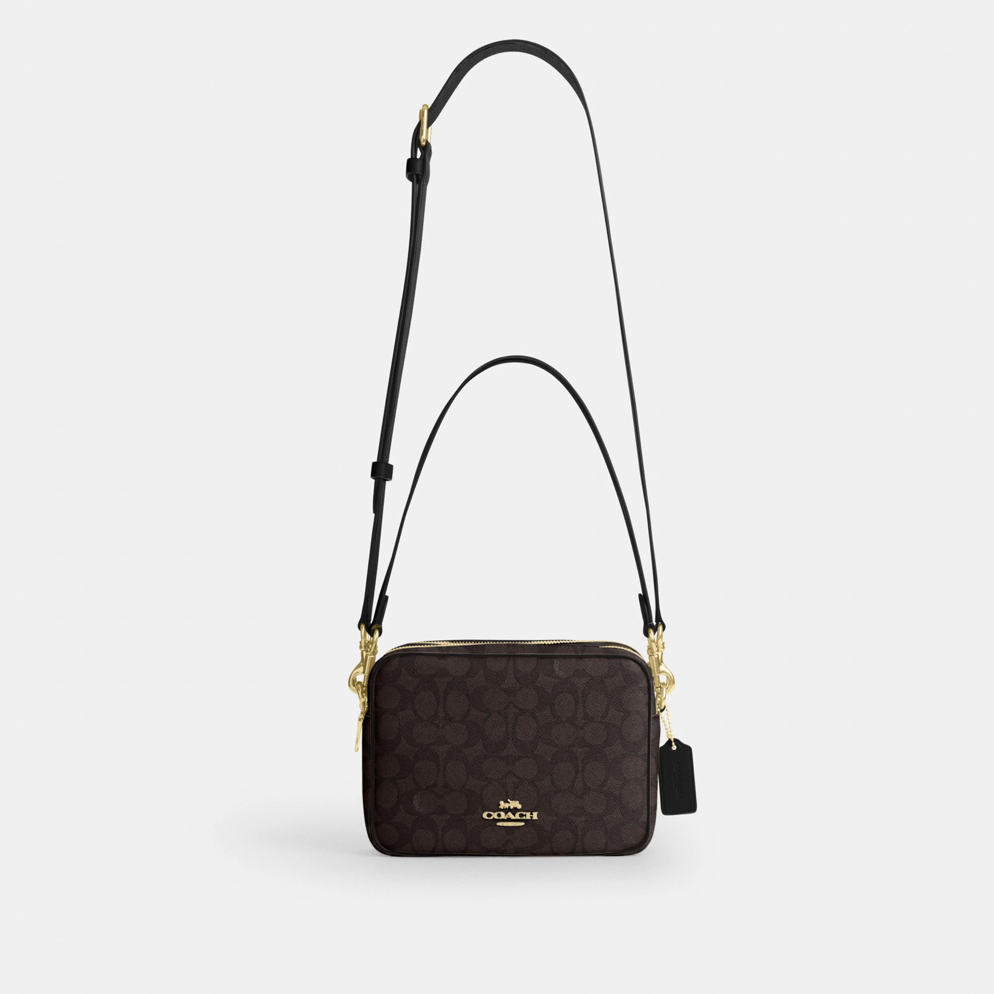 COACH®,Carey Crossbody Bag In Signature Canvas,Leather,Canvas,Recycled Polyester,Camera Bag,Metal,Logo,Sustainable,Gold Pl...,Brown