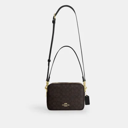 COACH®,Carey Crossbody Bag In Signature Canvas,Leather,Canvas,Recycled Polyester,Camera Bag,Metal,Logo,Sustainable,Gold Pl...,Brown