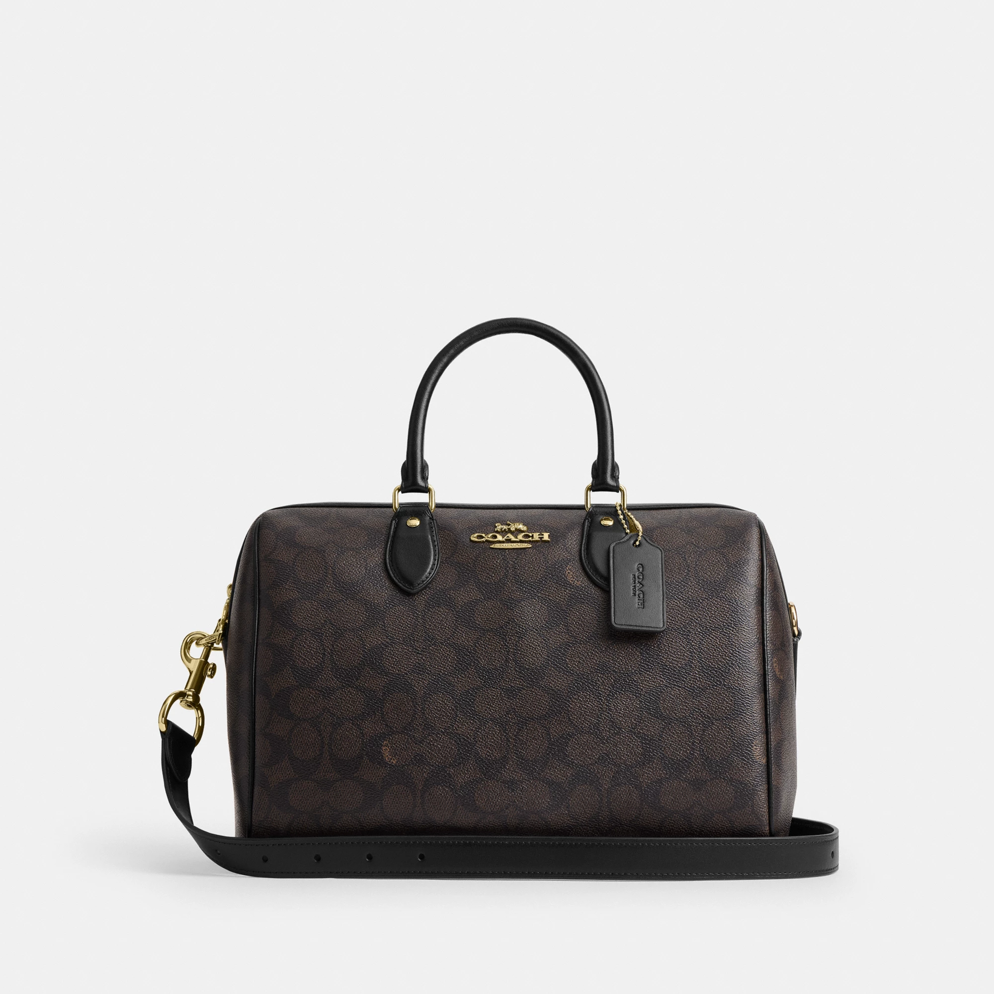 COACH®,Rowan Large Satchel Bag In Signature Canvas,Polyester,Leather,Canvas,Recycled Polyester,Satchel,Logo,Sustainable,Ad...,Brown,Front View