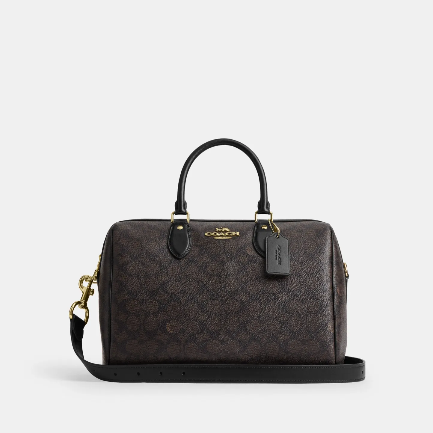 COACH®,Rowan Large Satchel Bag In Signature Canvas,Polyester,Leather,Canvas,Recycled Polyester,Satchel,Logo,Sustainable,Ad...,Brown,Front View
