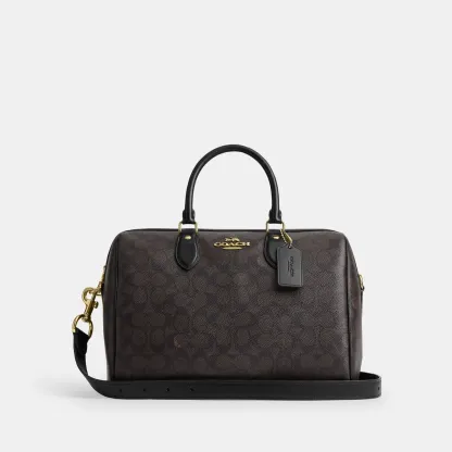 COACH®,Rowan Large Satchel Bag In Signature Canvas,Polyester,Leather,Canvas,Recycled Polyester,Satchel,Logo,Sustainable,Ad...,Brown,Front View