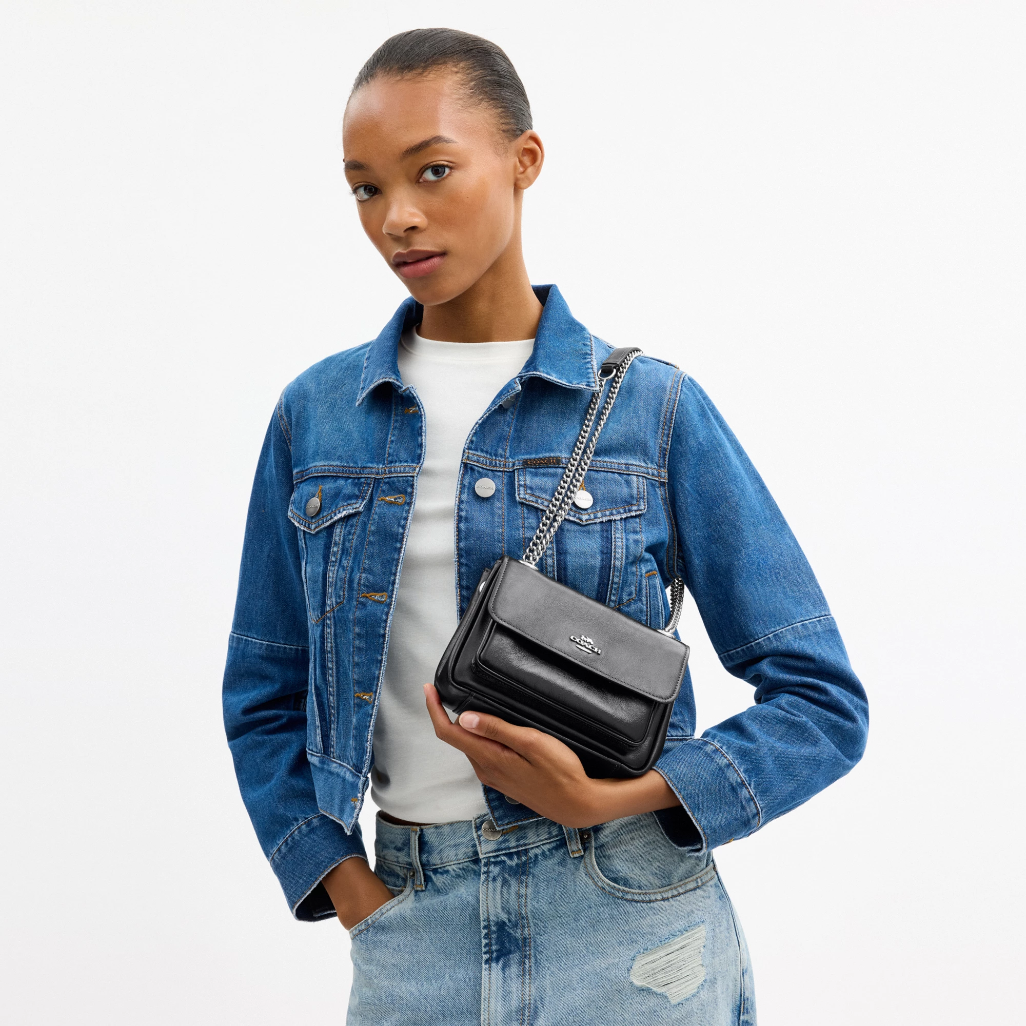 COACH®,Elodie Crossbody Bag 18,Leather,Recycled Polyester,Crossbody,Logo,Sustainable,Adjustable,Silver Metal,Casual,Black,Detail View