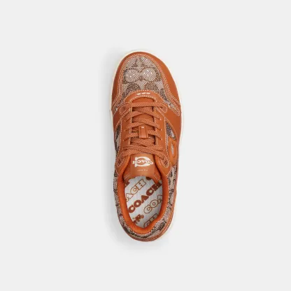 COACH®,Soho Sneaker In Crystal Signature Jacquard,Rubber,Casual,Fabric,Logo,Rhinestones,Pull Tab,Casual,Brown,Inside View,Top View