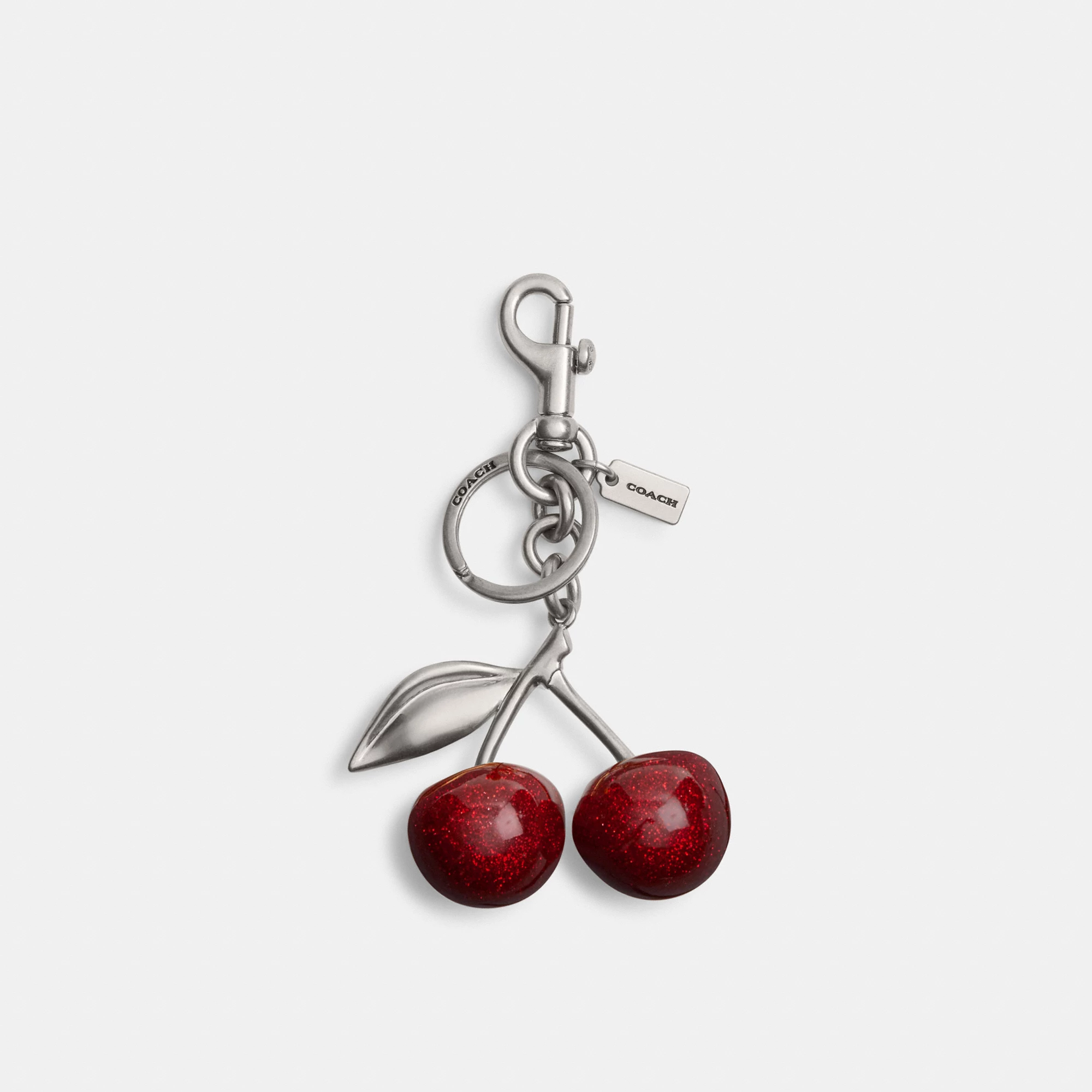 COACH®,Cherry Bag Charm,Bag Charm,Metal Material,Logo,3D Embellishment,Mixed Metal,Day Party,Maroon,Front View