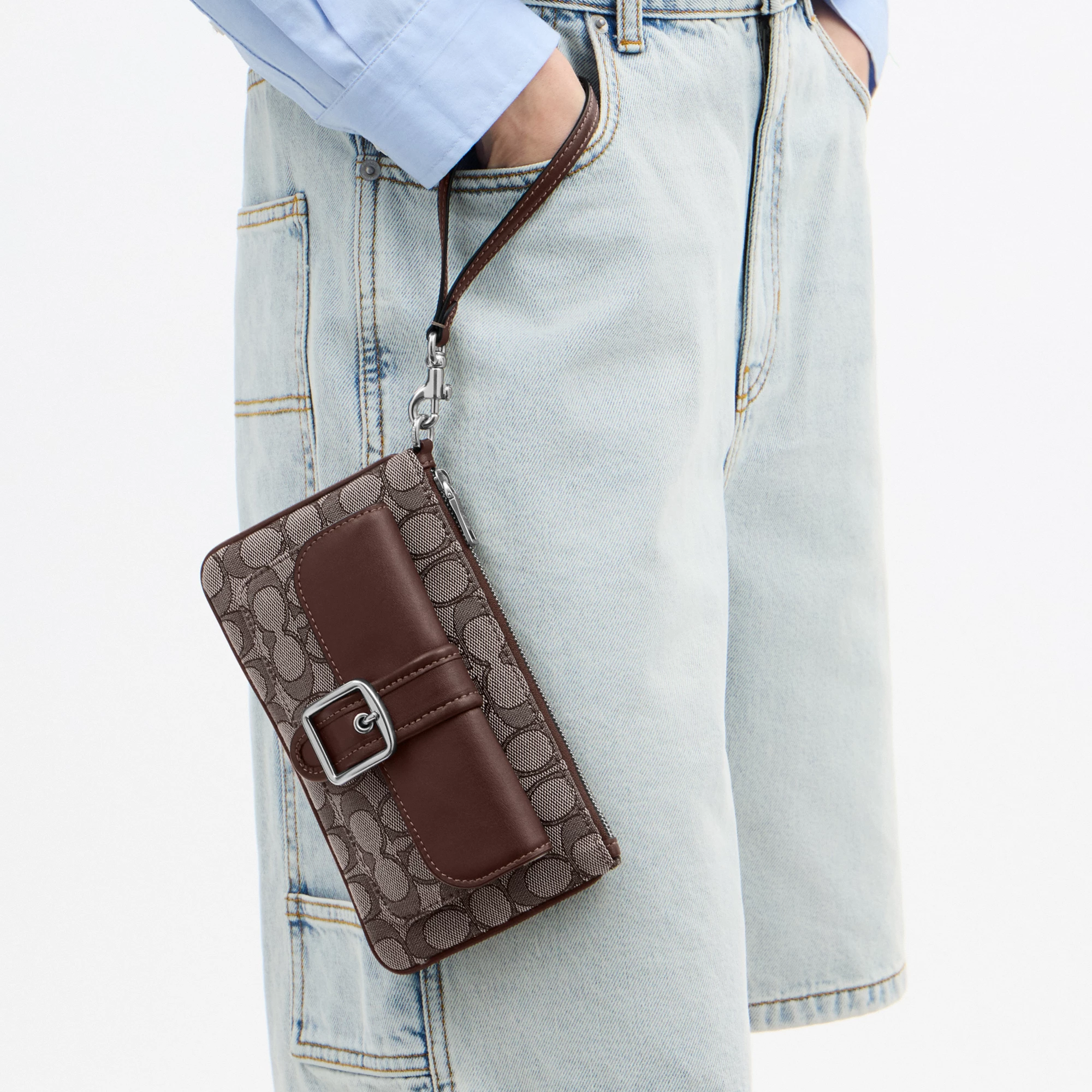 COACH®,Ashton Wristlet In Signature Jacquard,Recycled Polyester,Lining Recycled Polyester,Pouch,Wristlet,Color Block,Lette...,Brown,Detail View