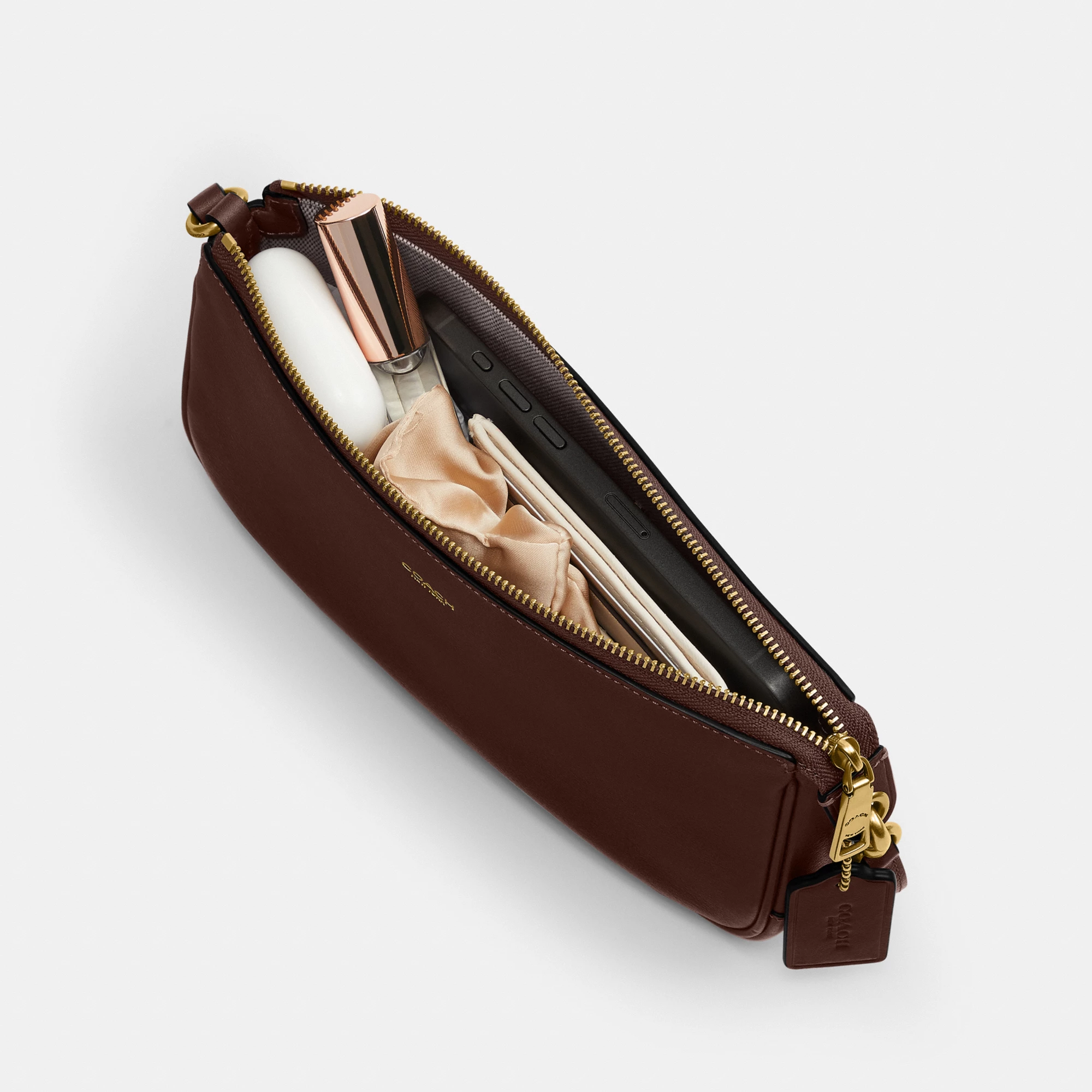 COACH®,Plaza Bag,Fabric,Leather,Shoulder Bag,Logo,Compact,Lined,Gold Metal,Casual,Brown,Inside View,Top View