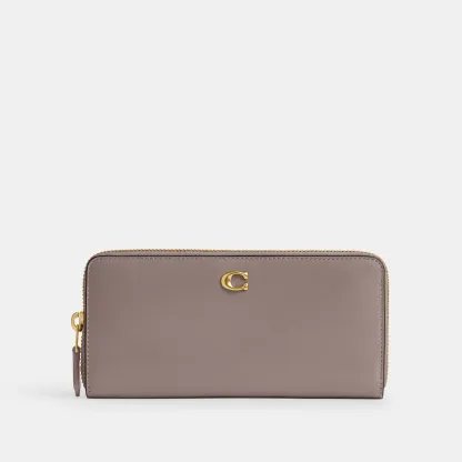 COACH®,Essential Slim Accordion Zip Wallet,Calfskin Leather,Leather,Continental,Logo,Metal,Casual,Gray,Front View