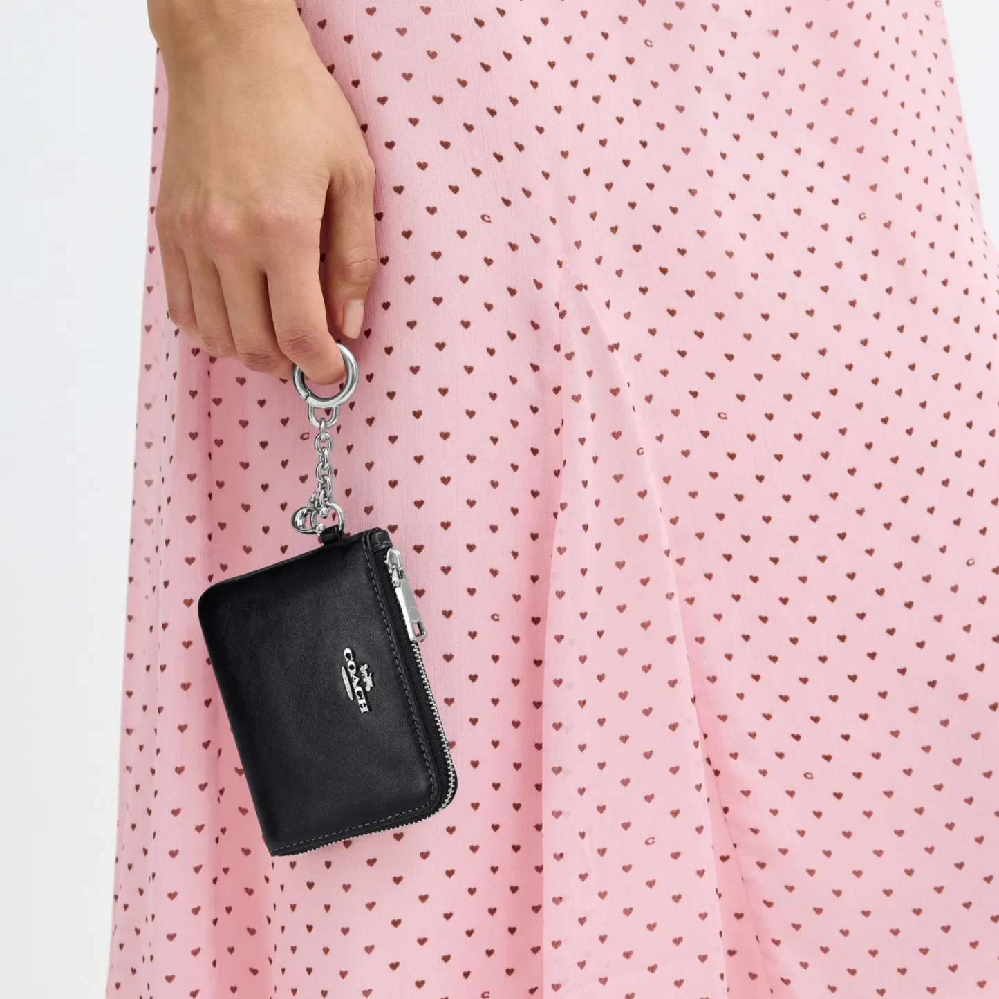 COACH®,Small Corner Zip Wallet,Leather,Coin,Metal Material,Logo,Silver Metal,Casual,Black,Detail View