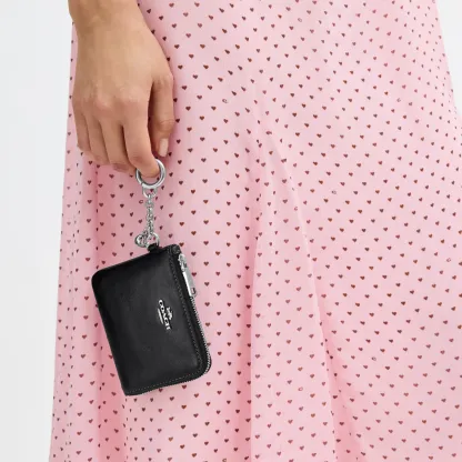 COACH®,Small Corner Zip Wallet,Leather,Coin,Metal Material,Logo,Silver Metal,Casual,Black,Detail View