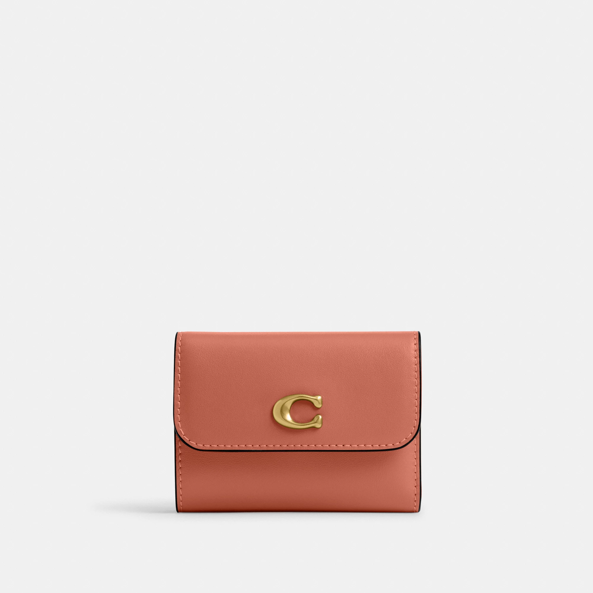 COACH®,Essential Card Holder Wallet,Leather,Calfskin Leather,Card Case,Bi Fold,Logo,Metal,Casual,Brown,Front View