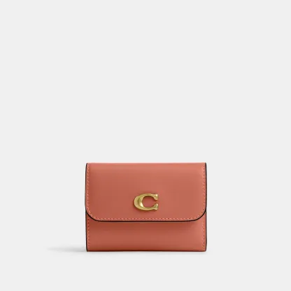 COACH®,Essential Card Holder Wallet,Leather,Calfskin Leather,Card Case,Bi Fold,Logo,Metal,Casual,Brown,Front View