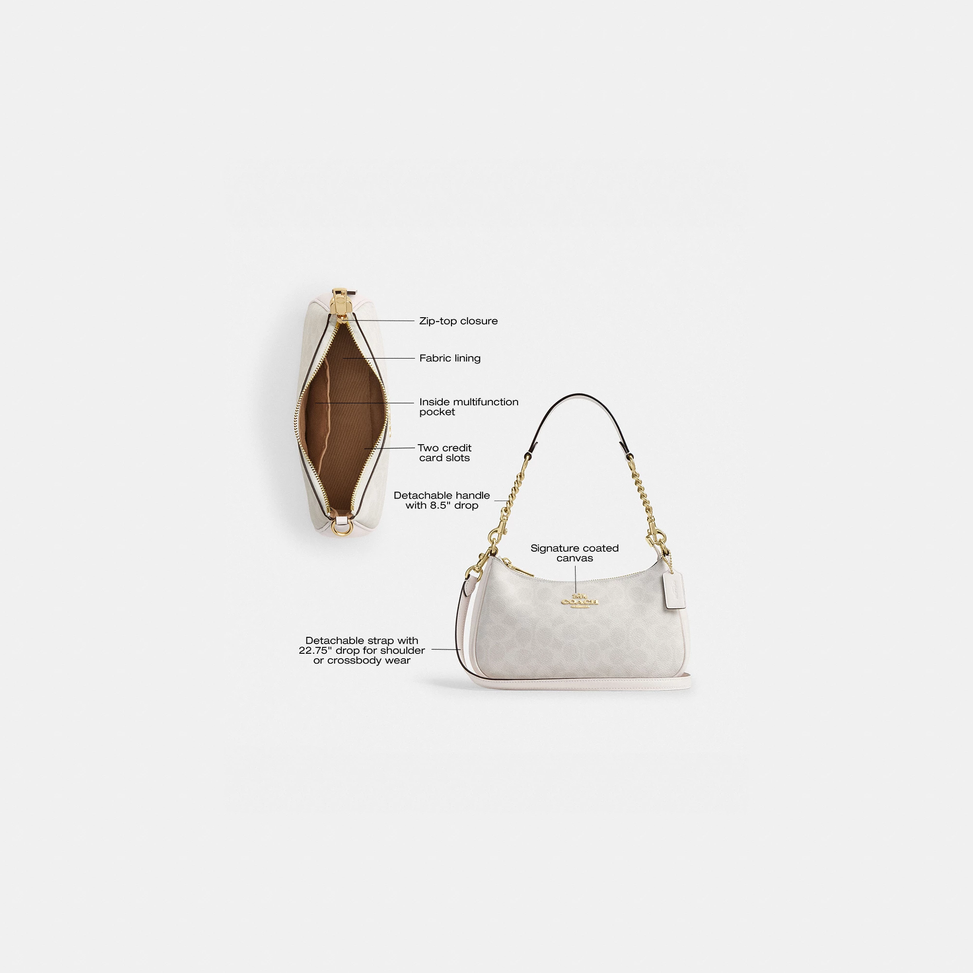 COACH®,Teri Shoulder Bag In Signature Canvas,Shoulder Bag,Logo,Tag Embellishment,Embossed,Metal,Casual,Gray