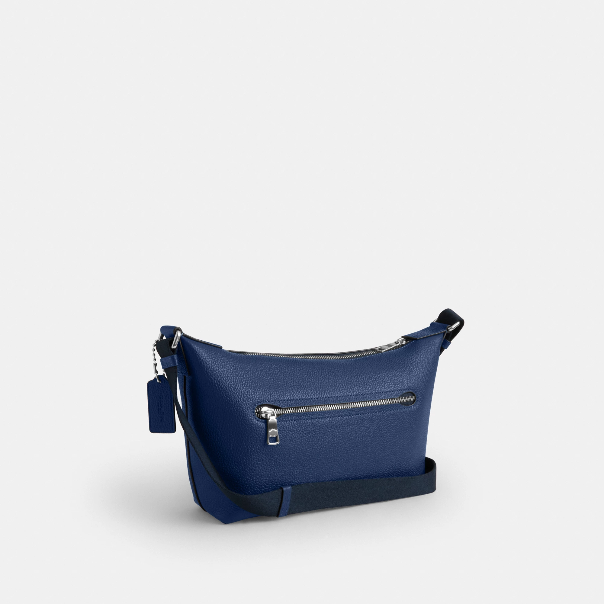 COACH®,Small Finn Crossbody Bag With Pouch,Leather,Recycled Polyester,Crossbody,Pouch,Logo,Set,Adjustable,Silver Metal,Casual,Blue,Angle View