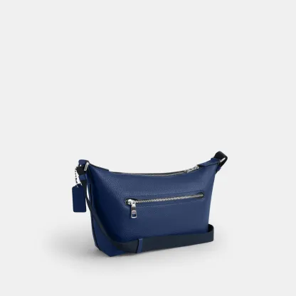 COACH®,Small Finn Crossbody Bag With Pouch,Leather,Recycled Polyester,Crossbody,Pouch,Logo,Set,Adjustable,Silver Metal,Casual,Blue,Angle View