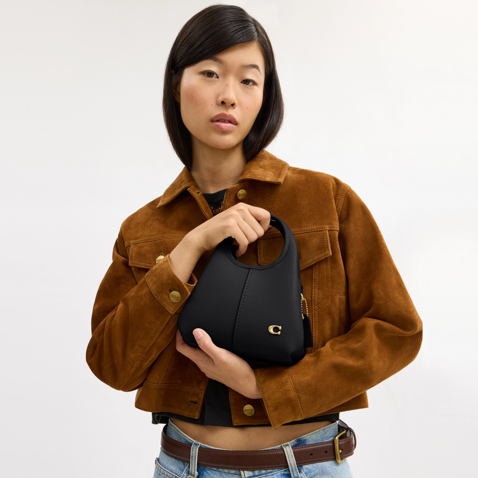 COACH®,Lana Shoulder Bag 19,Leather,Crossbody,Metal,Logo,Shoulder Guard,Brass,Casual,Black,Detail View