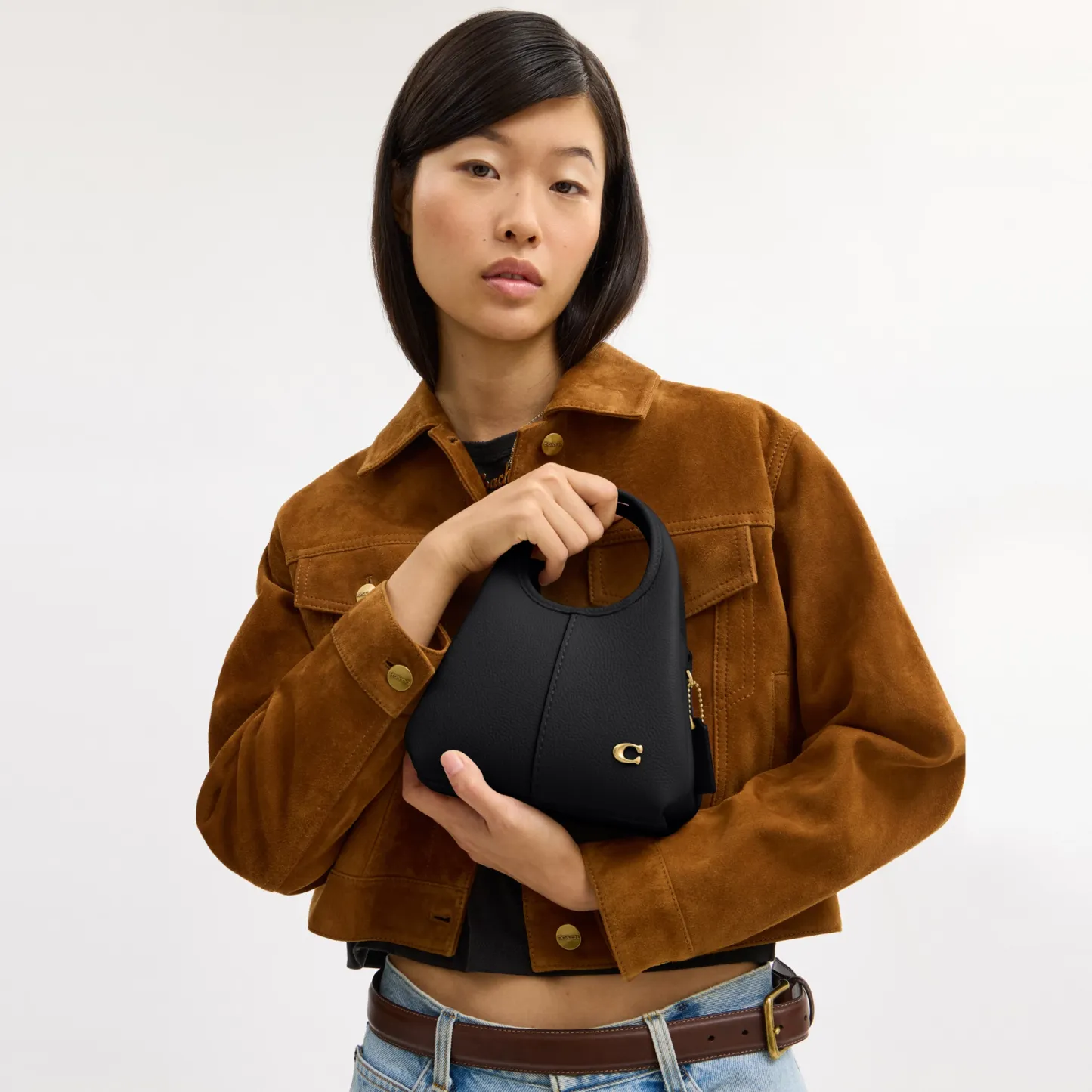 COACH®,Lana Shoulder Bag 19,Leather,Crossbody,Metal,Logo,Shoulder Guard,Brass,Casual,Black,Detail View