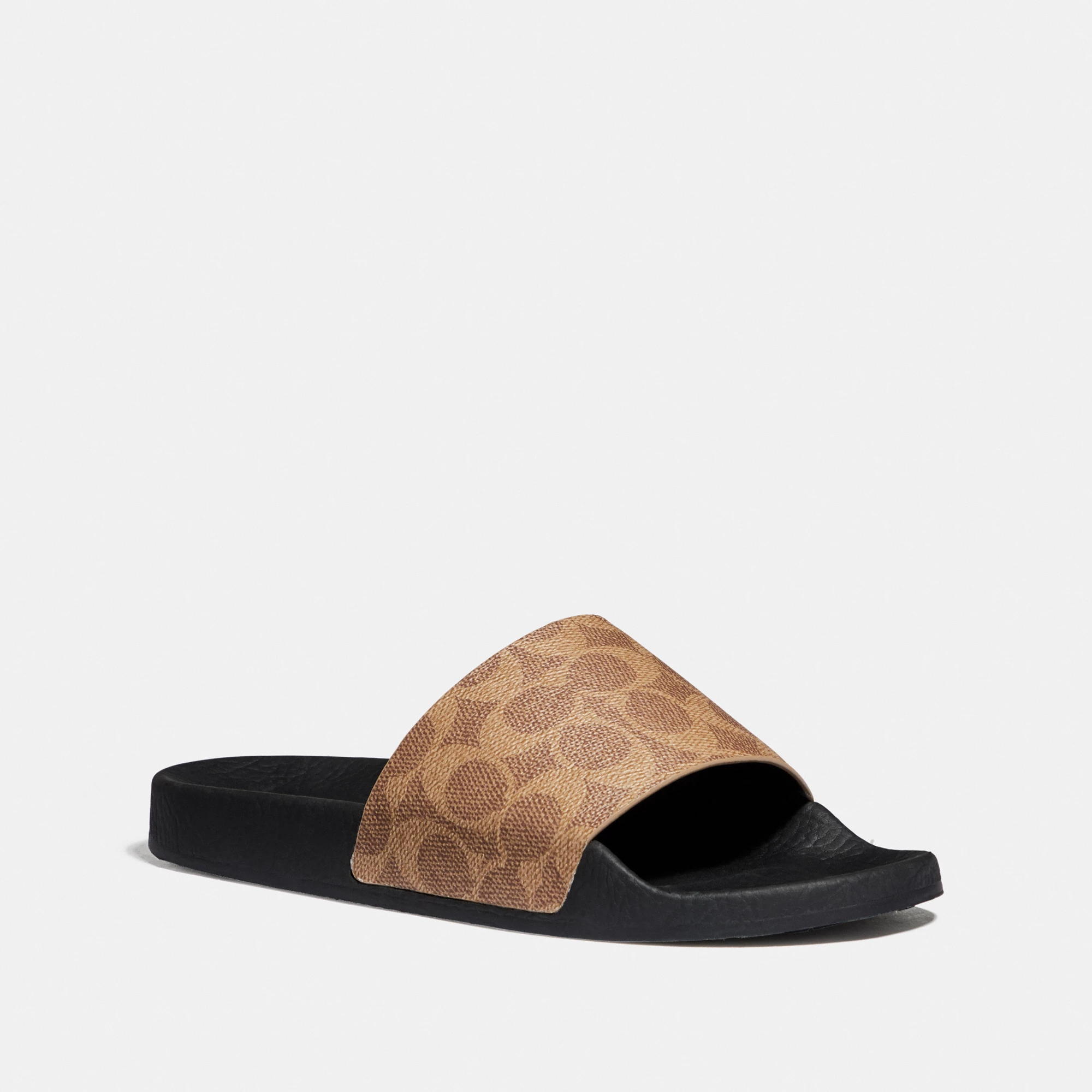 COACH®,Udele Sport Slide In Signature Canvas,Canvas,Rubber,EVA,Slides,Logo,Pull Tab,Cushioned Outsole,Casual,Brown,Front View