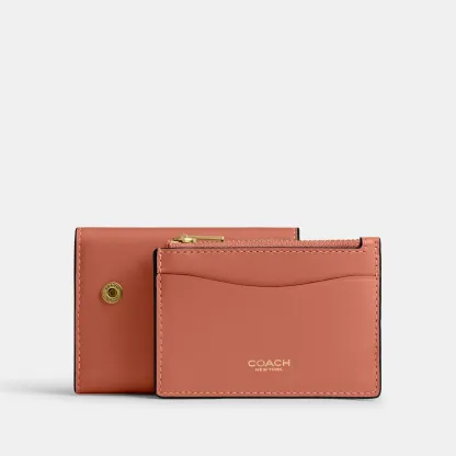 COACH®,Essential Card Holder Wallet,Leather,Calfskin Leather,Card Case,Bi Fold,Logo,Metal,Casual,Brown,Angle View