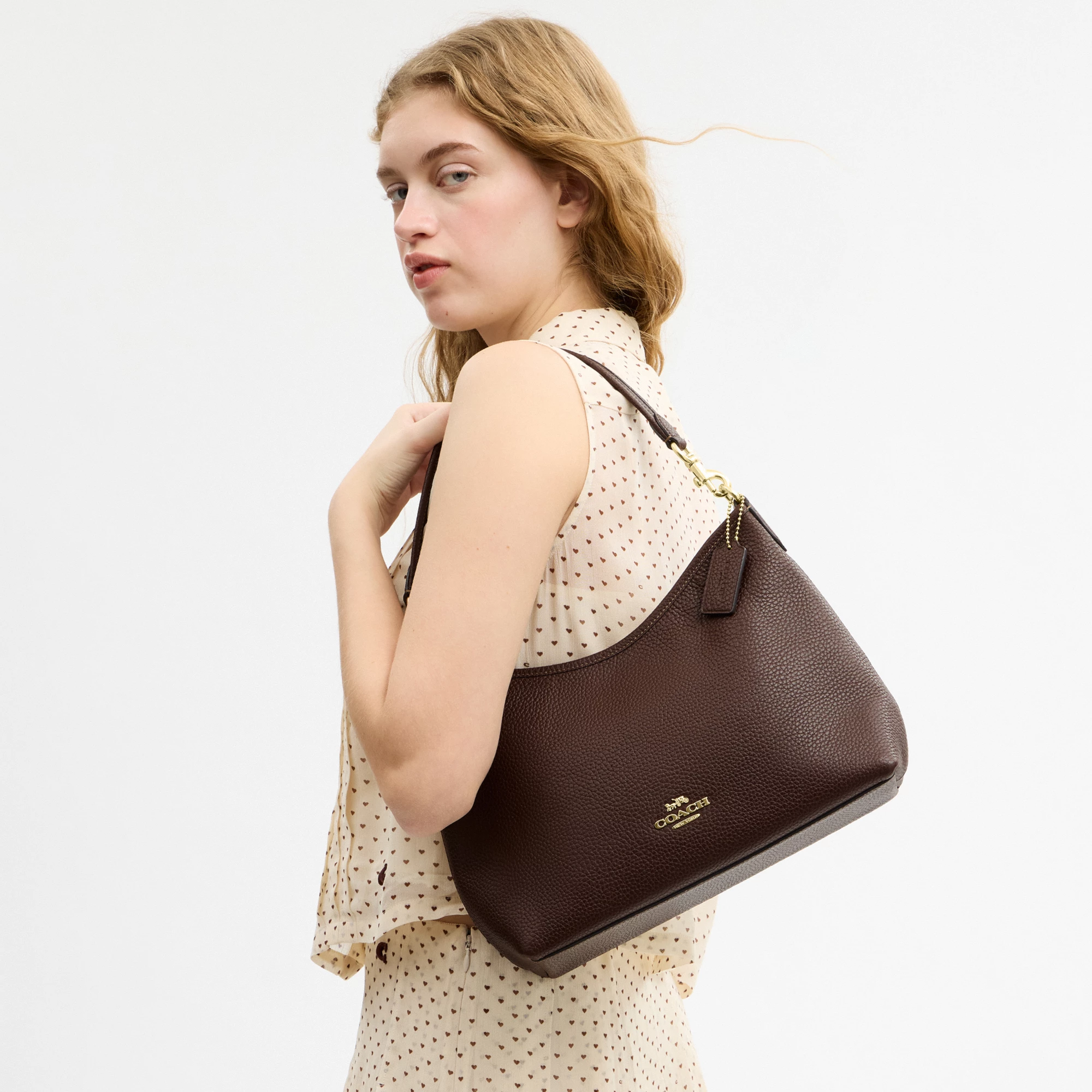 COACH®,Laurel Shoulder Bag,Leather,Hobo,Logo,Gold Metal,Casual,Brown