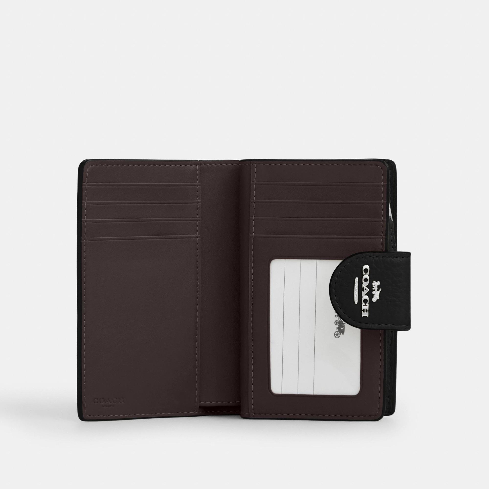 COACH®,Medium Corner Zip Wallet,Leather,Bi Fold,Logo,Metal,Travel,Black,Inside View,Top View