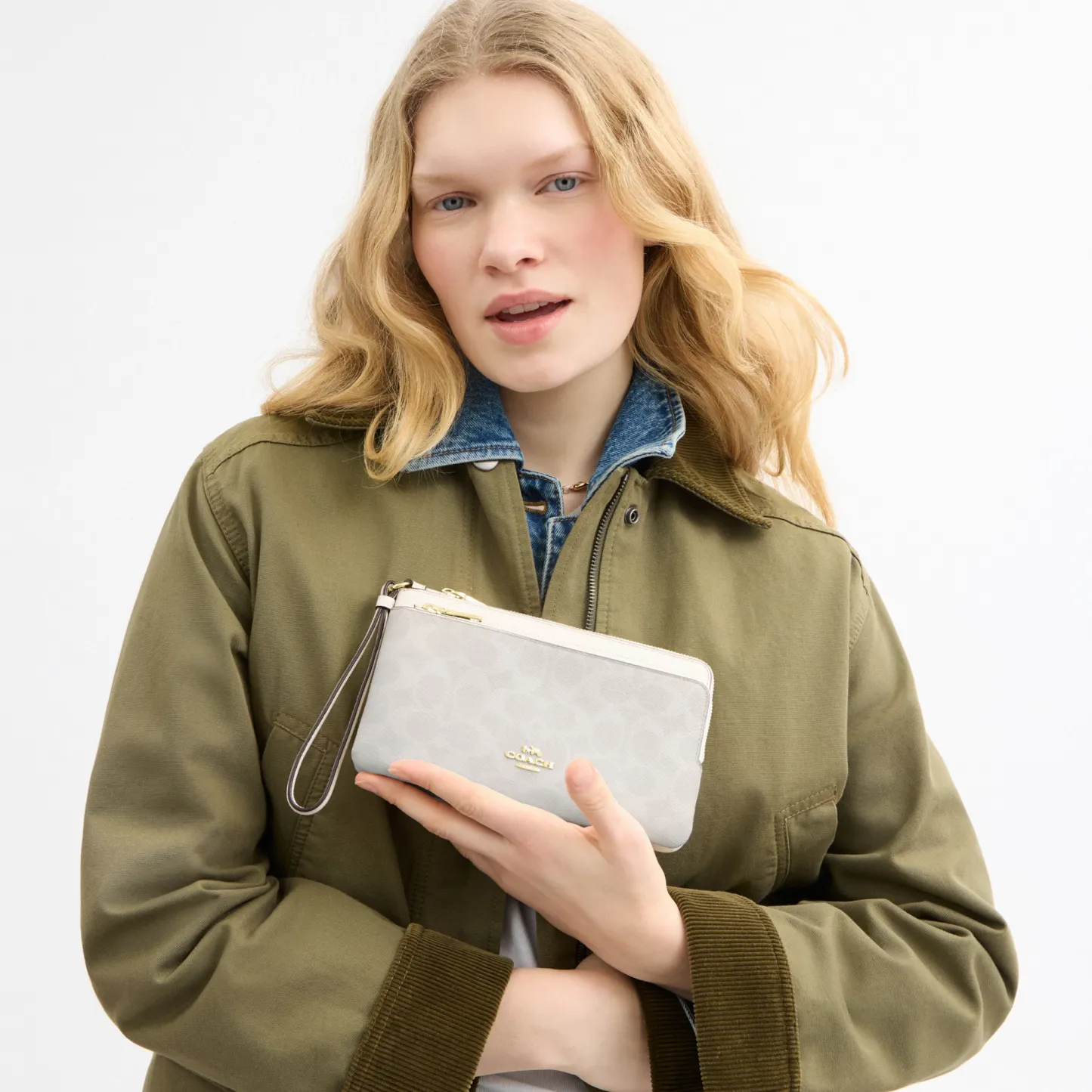 COACH®,Double Zip Wallet In Signature Canvas,Continental,Coin,Color Block,Casual,White,Detail View