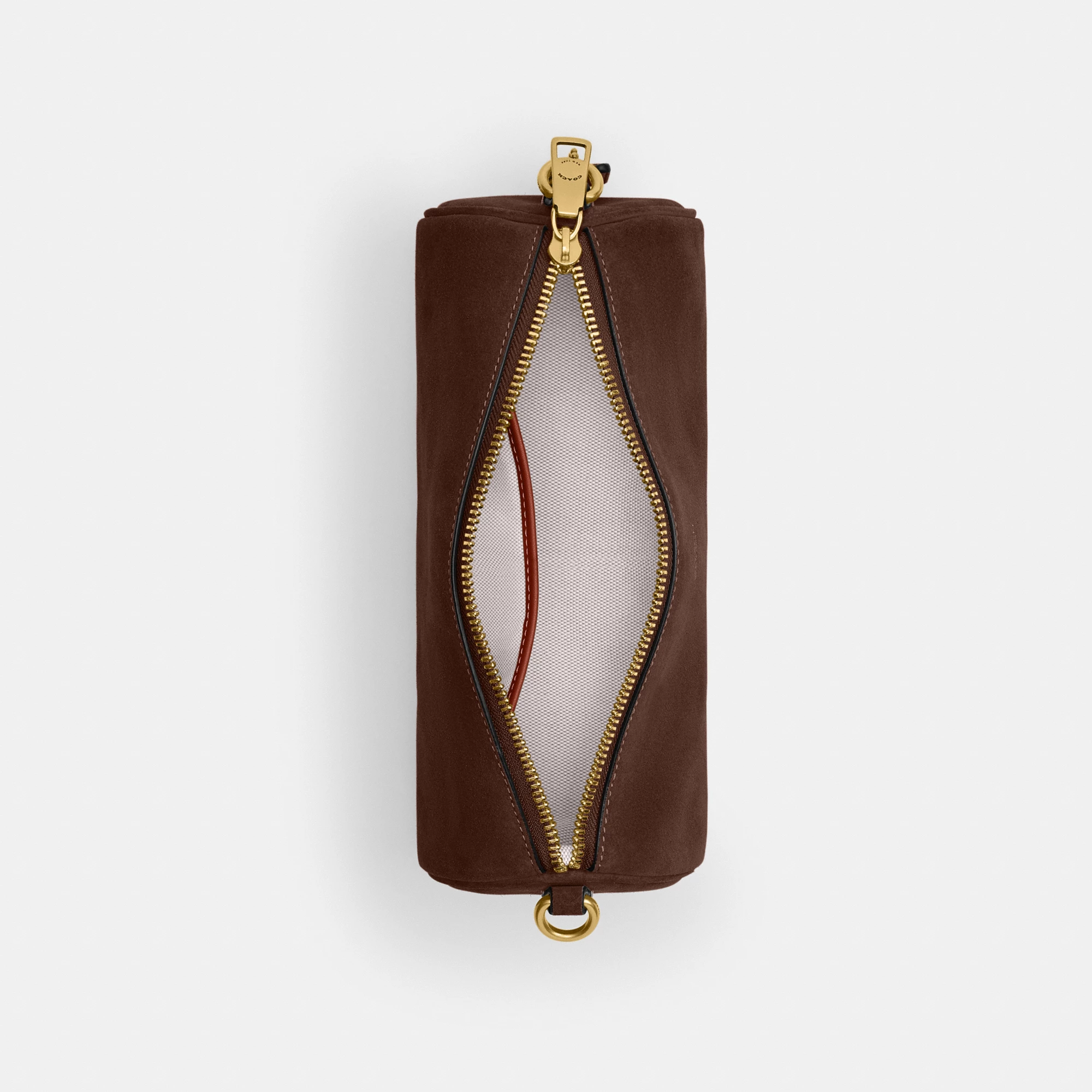 COACH®,Barrel Bag,Calfskin Leather,Suede,Barrel Bag,Pendant,Lined,Adjustable,Brass,Casual,Brown,Inside View,Top View