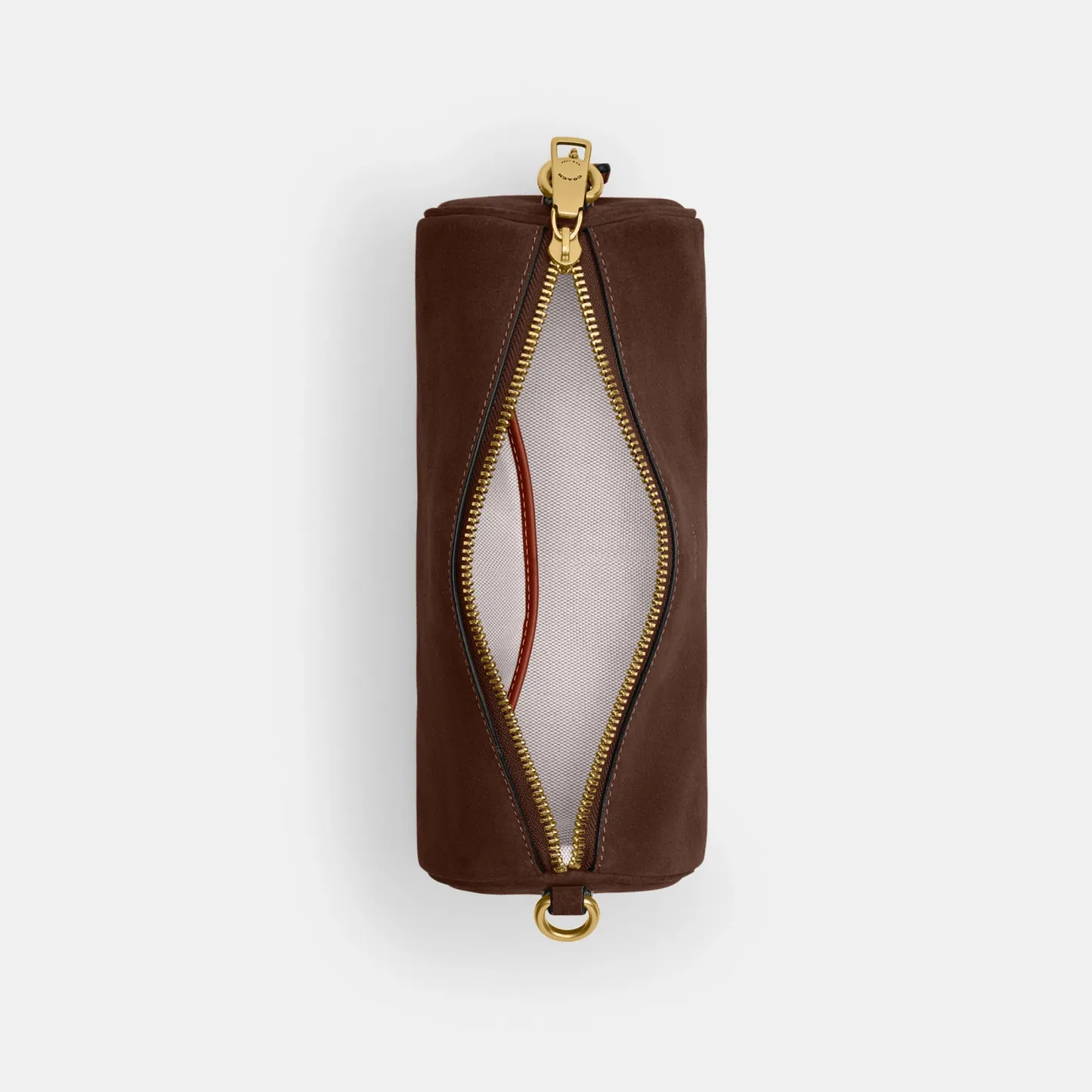 COACH®,Barrel Bag,Calfskin Leather,Suede,Barrel Bag,Pendant,Lined,Adjustable,Brass,Casual,Brown,Inside View,Top View