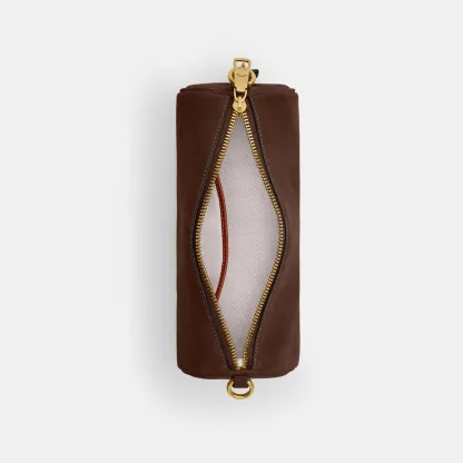 COACH®,Barrel Bag,Calfskin Leather,Suede,Barrel Bag,Pendant,Lined,Adjustable,Brass,Casual,Brown,Inside View,Top View