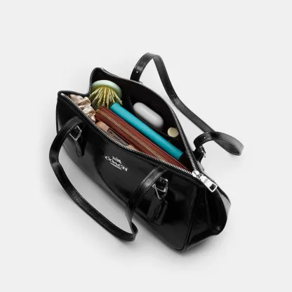COACH®,Asher Shoulder Bag,Leather,Shoulder Bag,Logo,Metal,Luggage Tag,Adjustable,Compact,Key Ring,Lined,Silver Metal,Casual,Black,Inside View,Top View