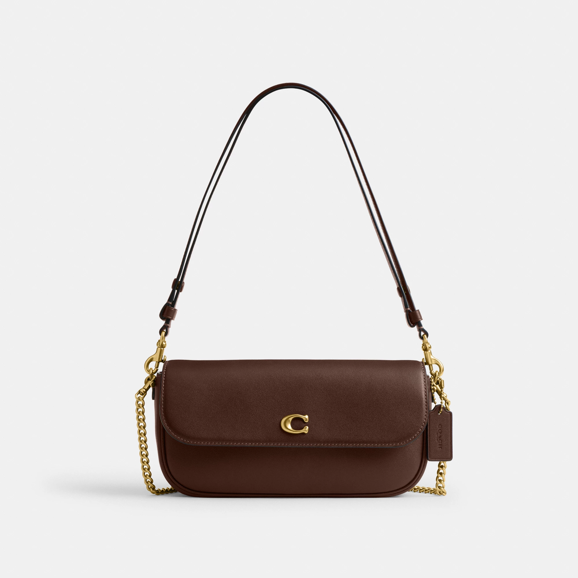 COACH®,Brook Flap Chain Bag,Calfskin Leather,Leather,Fabric,Shoulder Bag,Logo,Metal,Compact,Adjustable,Shoulder Guard,Gold...,Brown,Front View