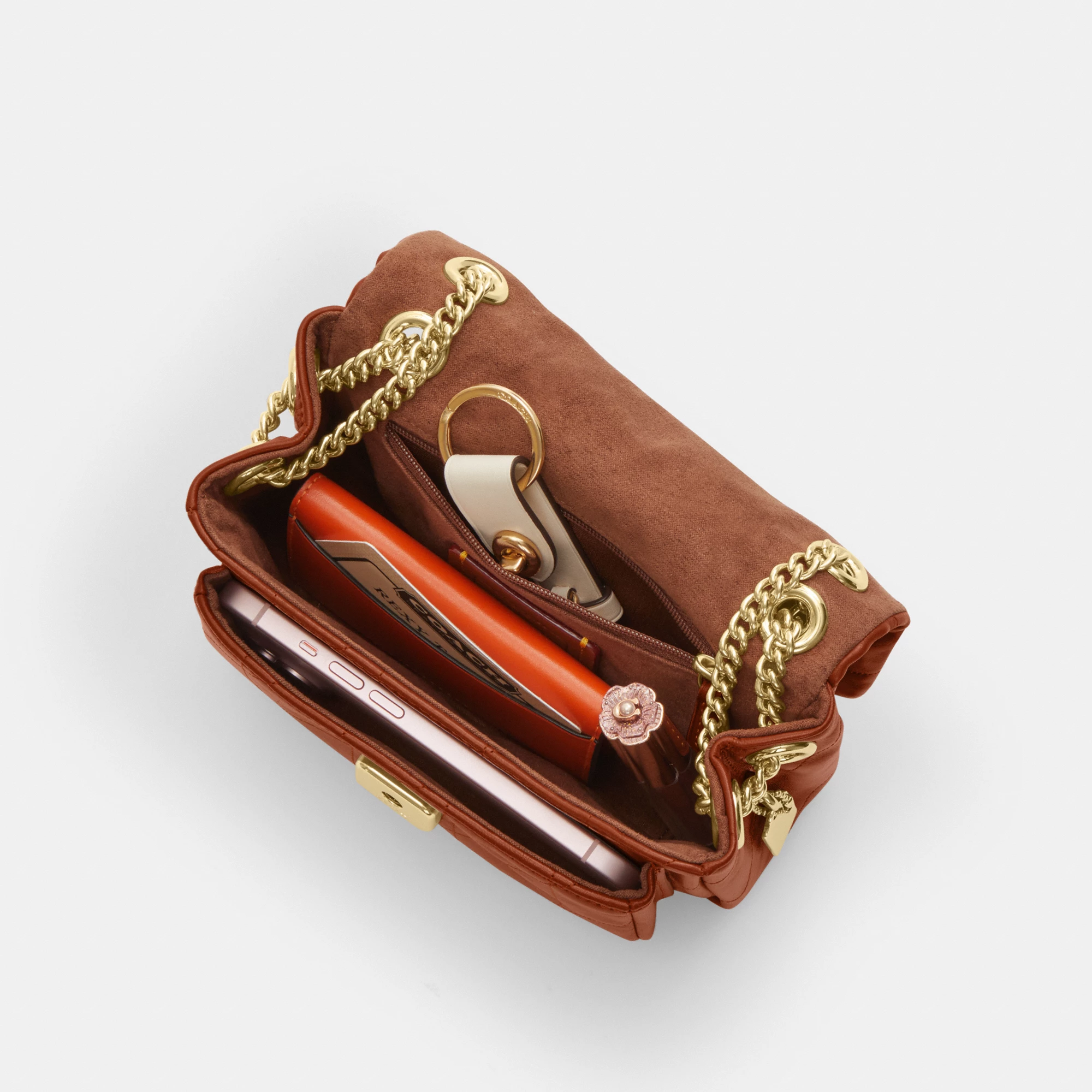 COACH®,Elodie Crossbody Bag 18 With Quilting,Leather,Recycled Polyester,Polyester,Crossbody,Metal Material,Metal,Logo,Sust...,Brown,Inside View,Top View