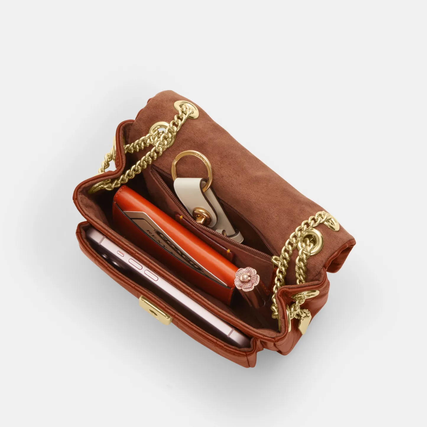 COACH®,Elodie Crossbody Bag 18 With Quilting,Leather,Recycled Polyester,Polyester,Crossbody,Metal Material,Metal,Logo,Sust...,Brown,Inside View,Top View