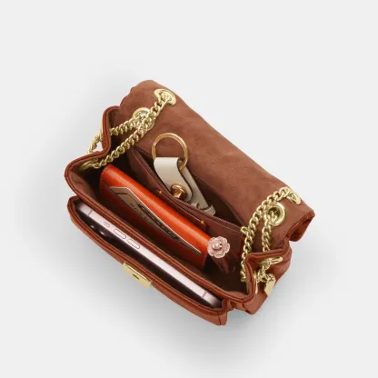 COACH®,Elodie Crossbody Bag 18 With Quilting,Leather,Recycled Polyester,Polyester,Crossbody,Metal Material,Metal,Logo,Sust...,Brown,Inside View,Top View