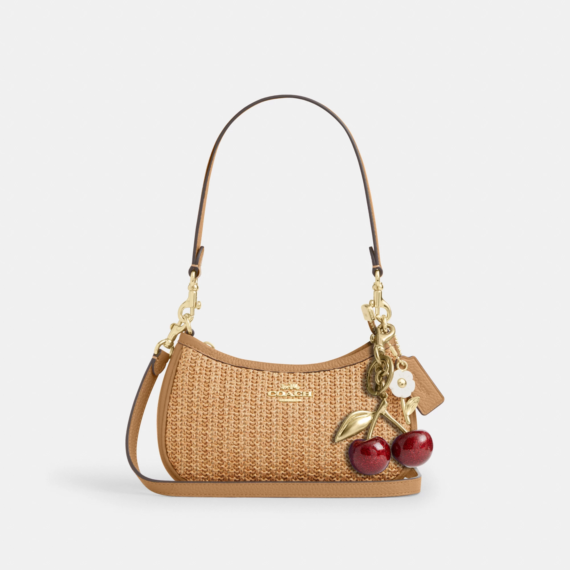 COACH®,Teri Mini Crossbody Bag,Leather,Recycled Polyester,Lining Polyester,Crossbody,Metal Material,Straw,Logo,Adjustable,...,Beige,Angle View