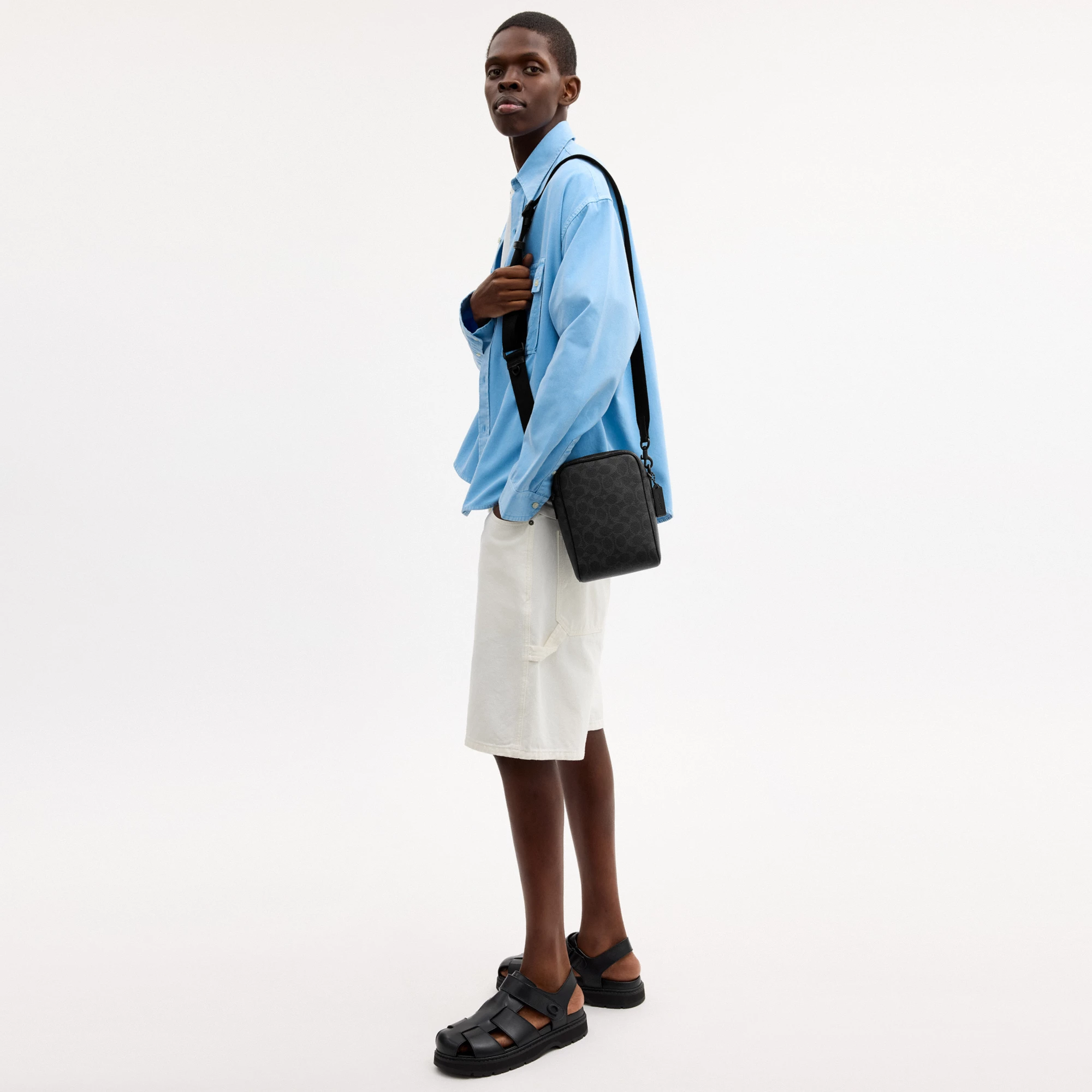COACH®,Tristan Crossbody Bag 14 In Signature Canvas,Canvas,Leather,Recycled Polyester,Crossbody,Logo,Convertible,Sustainab...,Black,Detail View