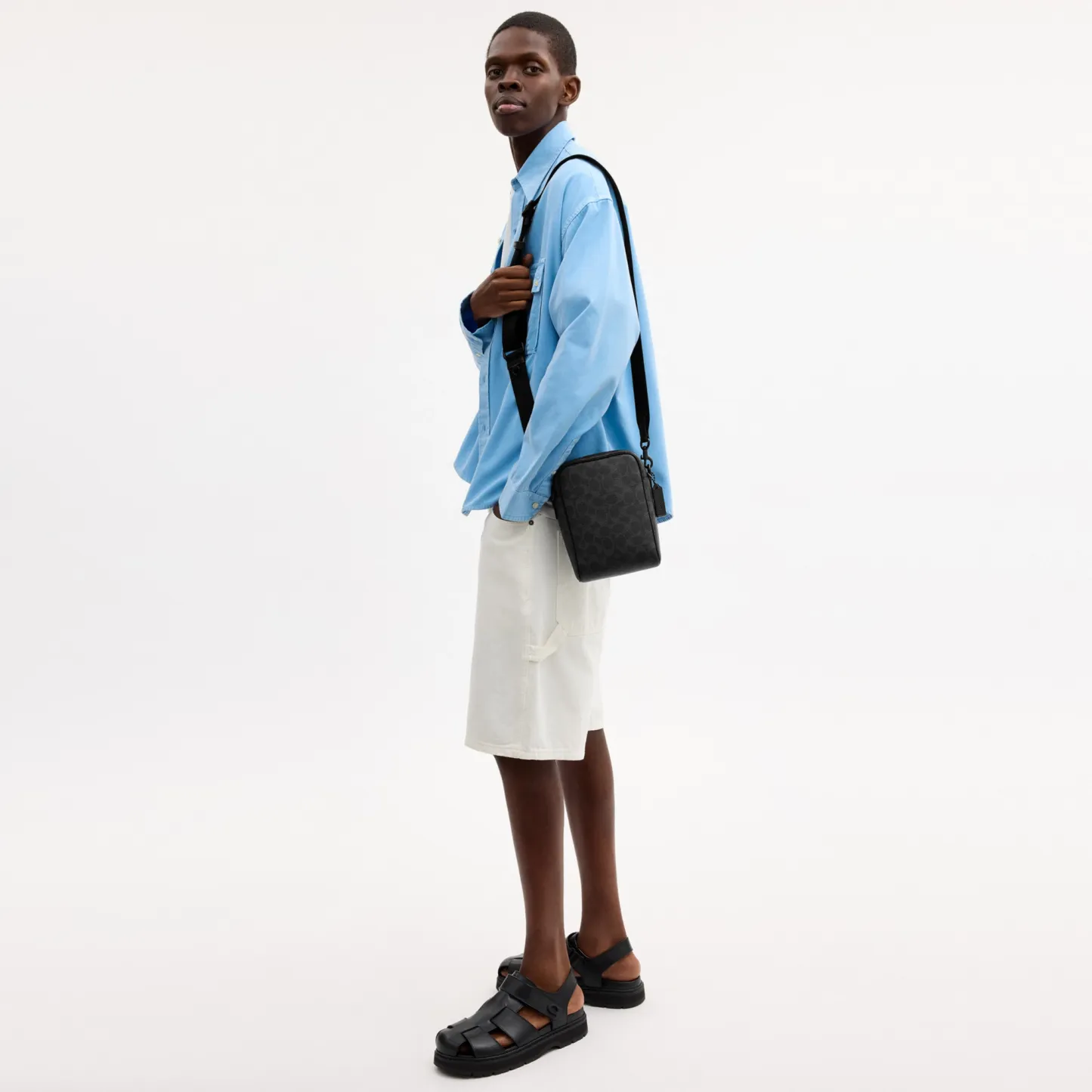 COACH®,Tristan Crossbody Bag 14 In Signature Canvas,Canvas,Leather,Recycled Polyester,Crossbody,Logo,Convertible,Sustainab...,Black,Detail View