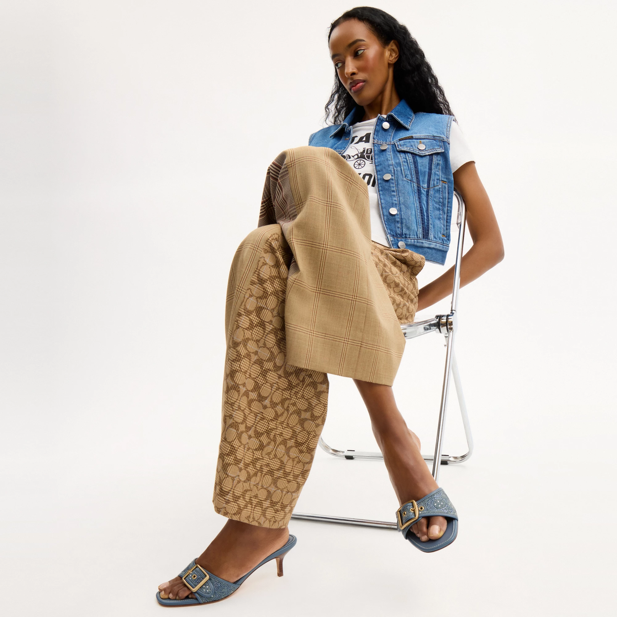 COACH®,Margot Sandal In Crystal Signature Denim,Leather,Denim,Cotton,Sandals,Fabric,Crystal,Embellished,Metal,Sustainable,...,Blue,Detail View