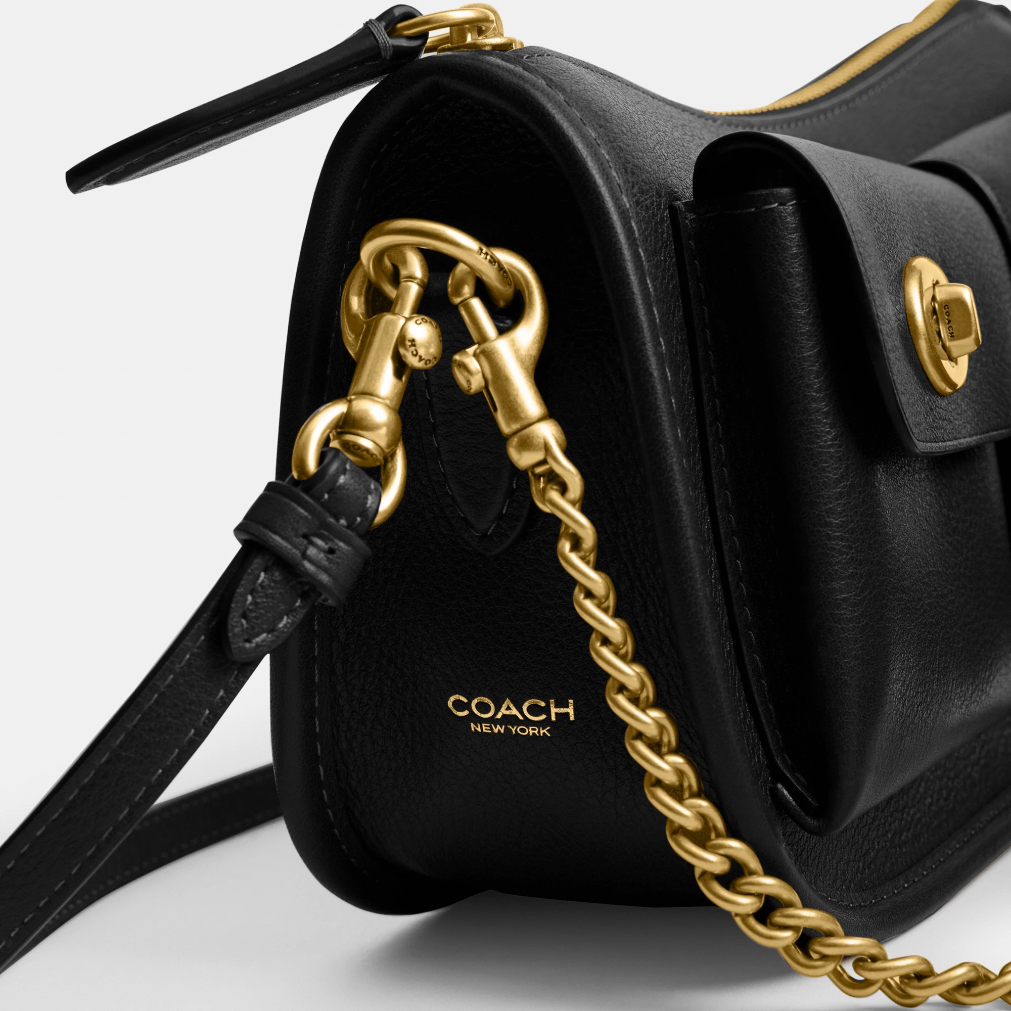COACH®,Twin Turnlock Waverly Bag,Leather,Cotton,Shoulder Bag,Pendant,Compact,Gold Metal,Day Party,Black,Closer View