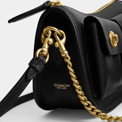 COACH®,Twin Turnlock Waverly Bag,Leather,Cotton,Shoulder Bag,Pendant,Compact,Gold Metal,Day Party,Black,Closer View