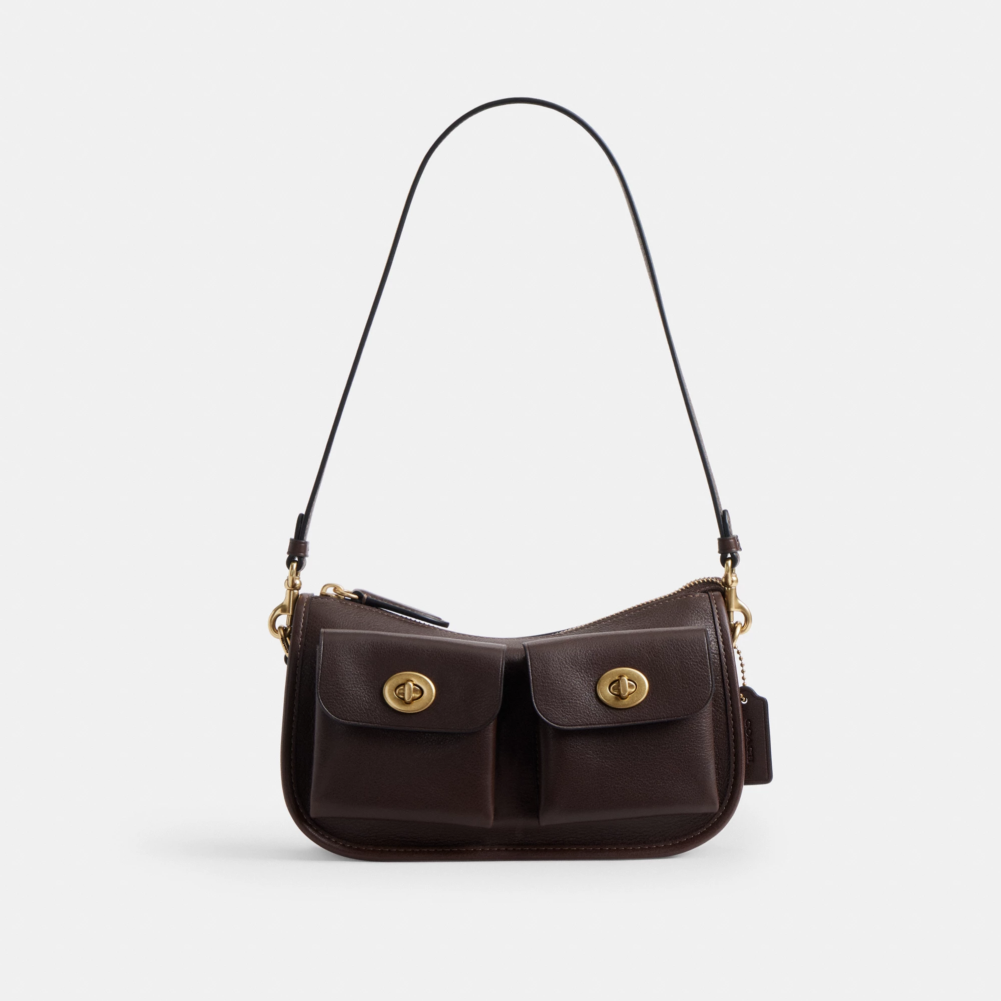 COACH®,Twin Turnlock Waverly Bag,Leather,Cotton,Shoulder Bag,Pendant,Compact,Gold Metal,Day Party,Brown,Front View