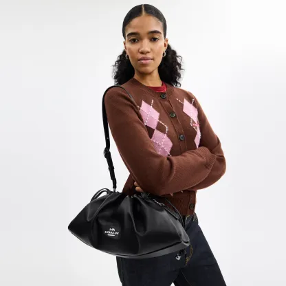 COACH®,Faye Large Shoulder Bag,Leather,Bucket,Logo,Ruched,Metal,Shoulder Guard,Lined,Silver Metal,Day Party,Black,Detail View