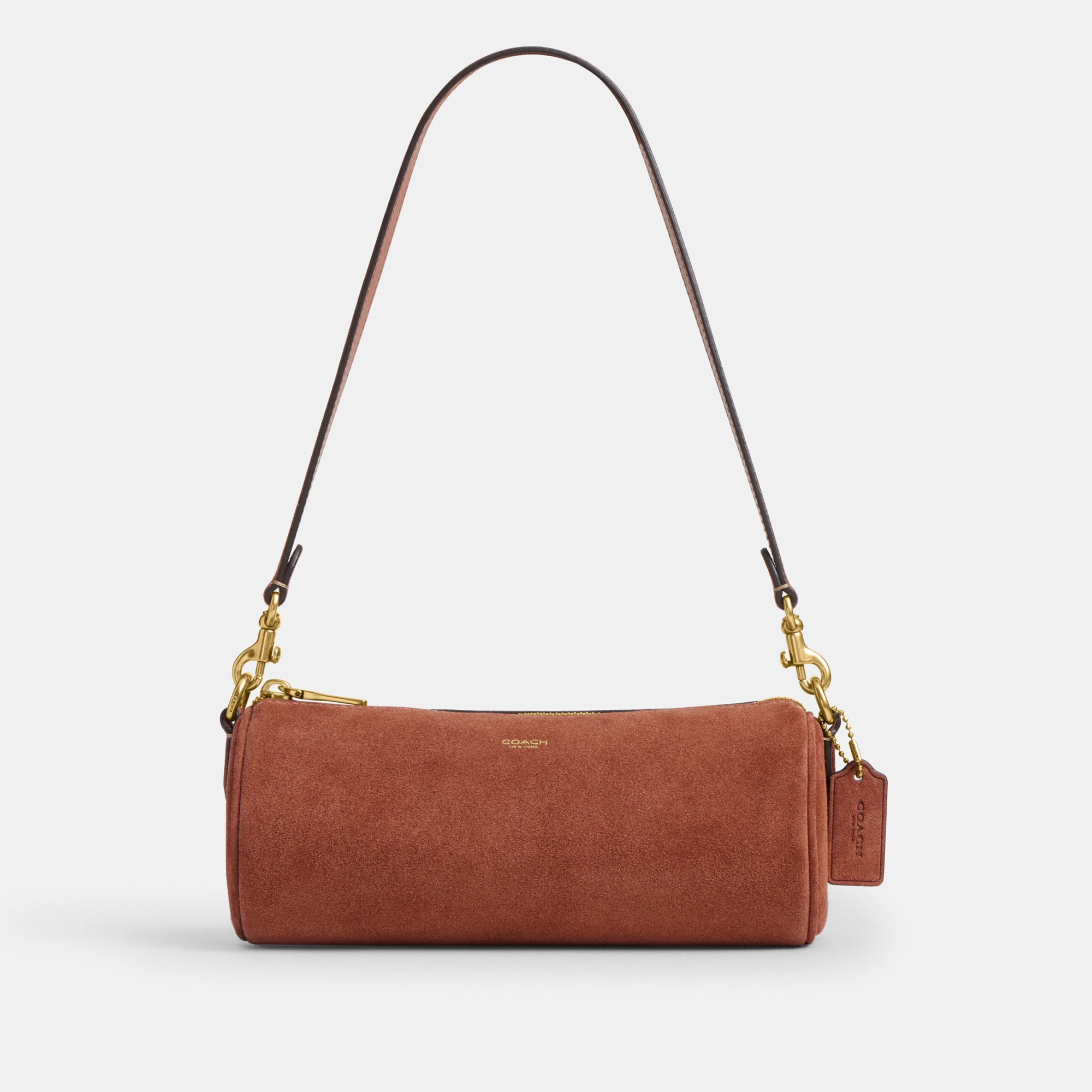 COACH®,Barrel Bag,Calfskin Leather,Suede,Barrel Bag,Pendant,Lined,Adjustable,Brass,Casual,Brown,Front View