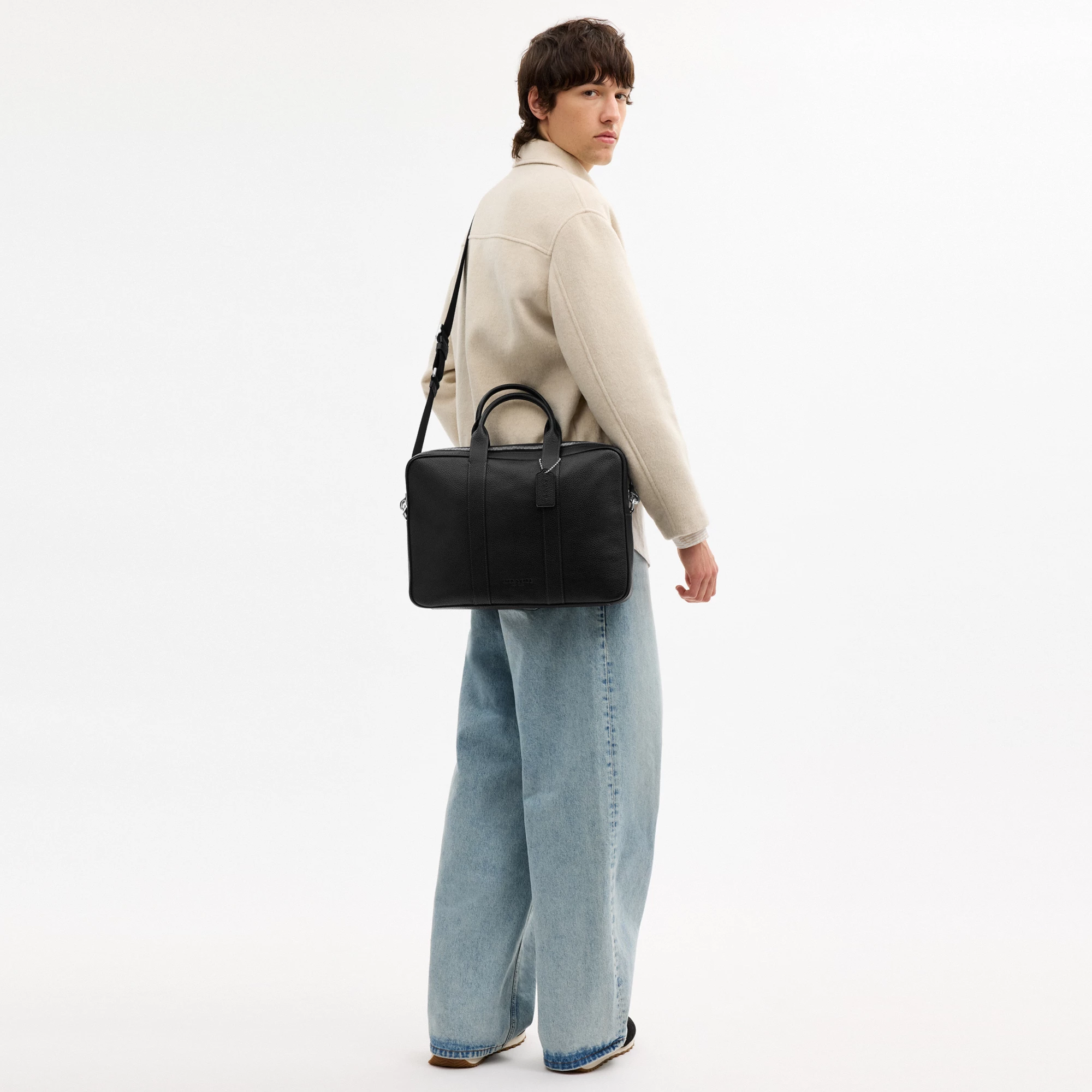 COACH®,Austin Brief,Leather,Polyester,Recycled Polyester,Briefcase,Adjustable,Silver Metal,Work,Black,Detail View