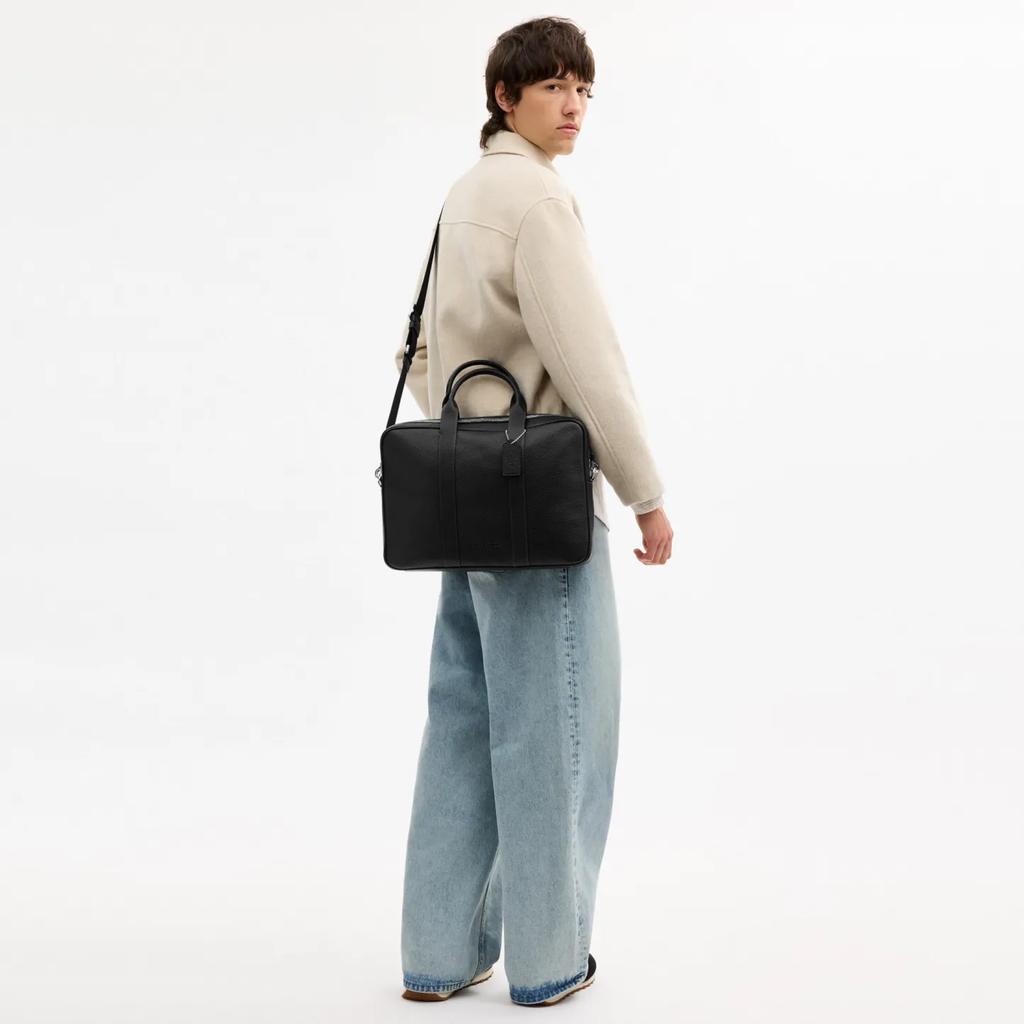 COACH®,Austin Brief,Leather,Polyester,Recycled Polyester,Briefcase,Adjustable,Silver Metal,Work,Black,Detail View