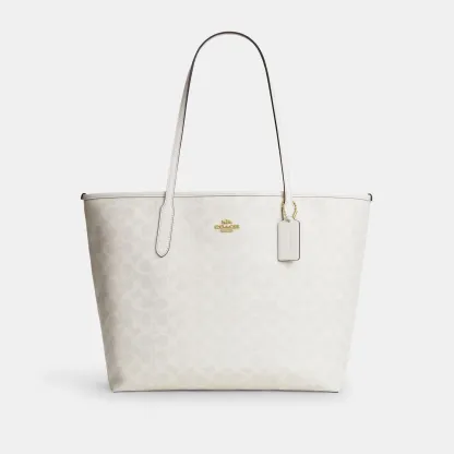 COACH®,City Tote Bag In Signature Canvas,Tote,Metal,Tag Embellishment,Color Block,Embossed,Piping,Logo,Casual,Gray,Front View