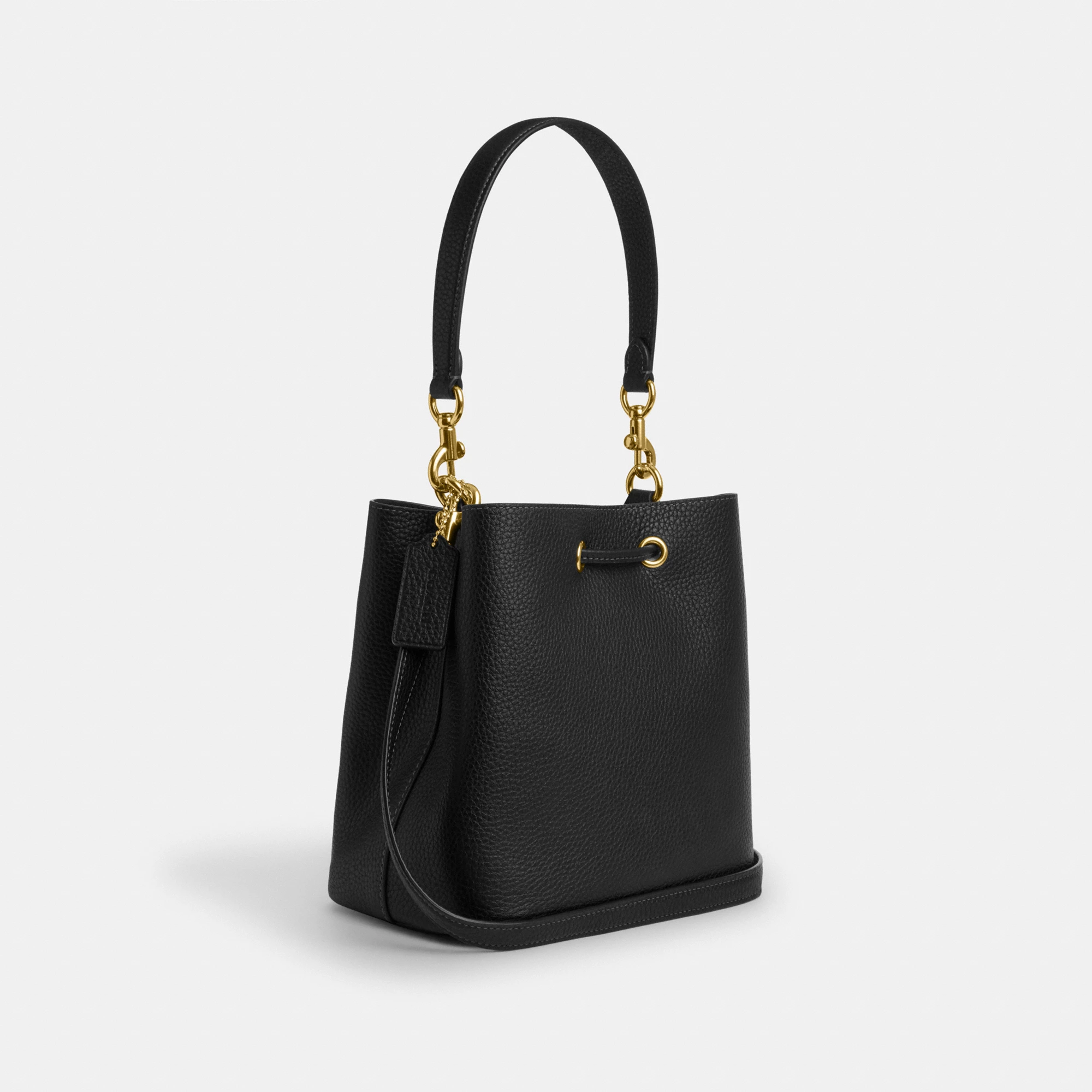 COACH®,Rowan Bucket Bag,Leather,Bucket,Metal,Logo,Casual,Black,Angle View