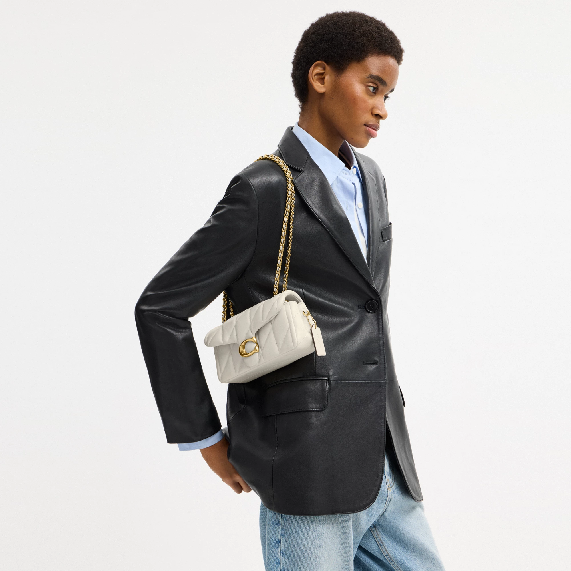 COACH®,Tabby Shoulder Bag 20 With Pillow Quilting,Leather,Shoulder Bag,Chain Detail,Embossed,Logo,Metal,Gold Metal,Day Party,White,Detail View