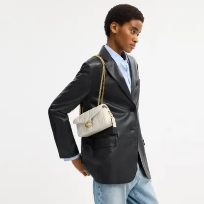 COACH®,Tabby Shoulder Bag 20 With Pillow Quilting,Leather,Shoulder Bag,Chain Detail,Embossed,Logo,Metal,Gold Metal,Day Party,White,Detail View